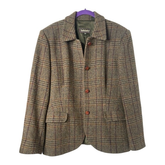 Timberland Weathergear Brown,Green  Plaid Wool Blazer Leather Cover Buttons Sz14 - Picture 1 of 11